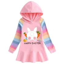Girls Rainbow Happy Easter Carrot Egg Bunny Long And Short Sleeve Casual Skirt