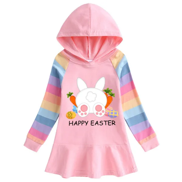 Girls Rainbow Happy Easter Carrot Egg Bunny Long And Short Sleeve Casual Skirt