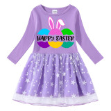 Girls Yarn Skirt Happy Easter Bunny Ears Eggs Slogan Long And Short Sleeve Dress