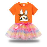 Girl Two Pieces Rainbow TuTu Happy Easter Bunny With Glasses Princess Bubble Skirt