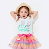 Girl Two Pieces Rainbow TuTu Happy Easter Bunny Ears Princess Bubble Skirt