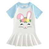 Girls Rainbow Happy Easter Smile Bunny Long And Short Sleeve Casual Skirt