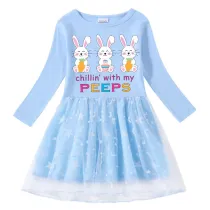Girls Yarn Skirt Happy Easter Chillin With My Peeps Bunny Long And Short Sleeve Dress