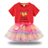 Girl Two Pieces Rainbow TuTu Happy Easter Bunny Flower Princess Bubble Skirt
