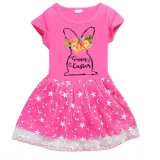 Girls Yarn Skirt Happy Easter Bunny Flower Long And Short Sleeve Dress