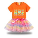 Girl Two Pieces Rainbow TuTu Happy Easter Colorful Hop Slogan Princess Bubble Skirt