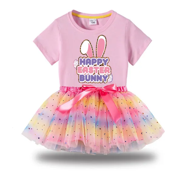 Girl Two Pieces Rainbow TuTu Happy Easter Bunny Slogan Princess Bubble Skirt