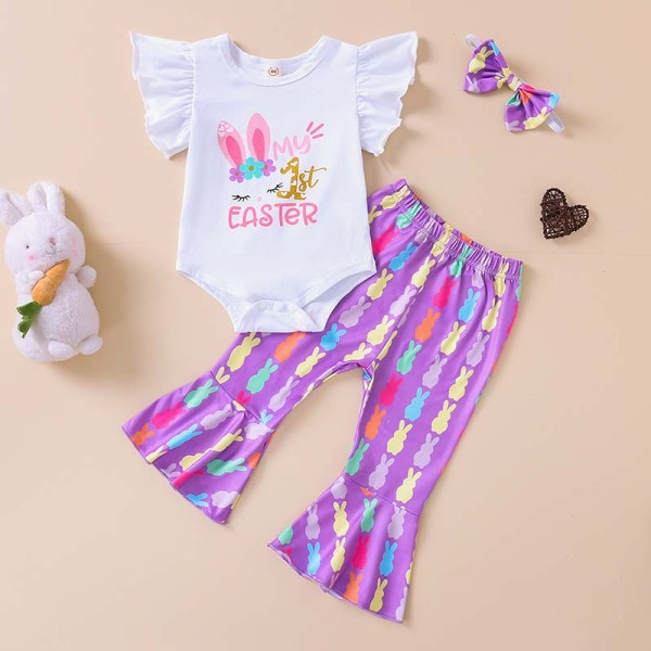 Toddler Girls Easter Holiday Clothing Two Pieces Fly Sleeve Rabbit T-shirts and Flared Pants Set