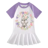 Girls Rainbow Happy Easter Bunny Wreath Long And Short Sleeve Casual Skirt