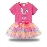 Girl Two Pieces Rainbow Happy Easter Name Custom Bunny Long And Short Sleeve Casual Skirt