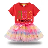 Girl Two Pieces Rainbow TuTu Happy Easter Rabbits Princess Bubble Skirt