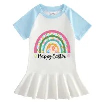 Girls Rainbow Happy Easter Rainbow Bunny Long And Short Sleeve Casual Skirt