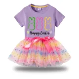 Girl Two Pieces Rainbow TuTu Happy Easter Rabbits Princess Bubble Skirt