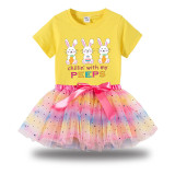 Girl Two Pieces Rainbow TuTu Happy Easter Chillin With My Peeps Bunny Princess Bubble Skirt