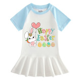 Girls Rainbow Happy Easter Bunny With Balloon Long And Short Sleeve Casual Skirt