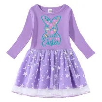 Girls Yarn Skirt Happy Easter Elements Long And Short Sleeve Dress