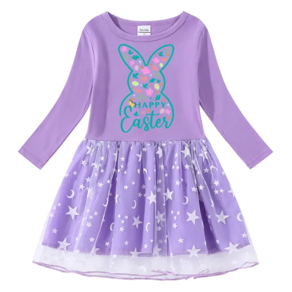 Girls Yarn Skirt Happy Easter Elements Long And Short Sleeve Dress