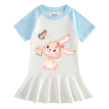 Girls Rainbow Happy Easter Bunny Flower Butterfly Long And Short Sleeve Casual Skirt
