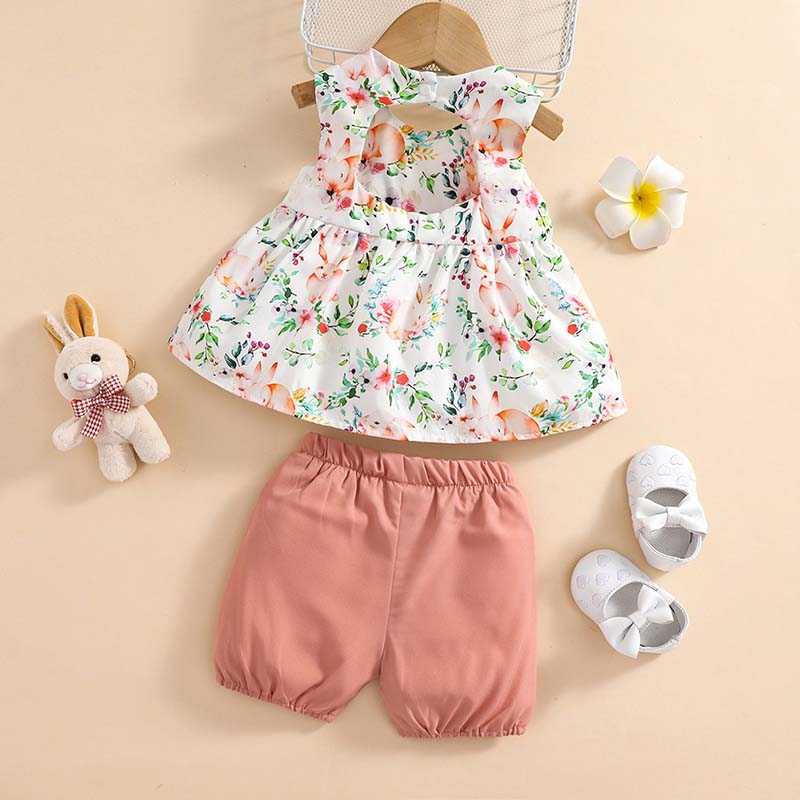 Baby Girls Easter Rabbit Prints Two Pieces Sleeveless T-shirts and Shorts Set