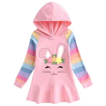 Girls Rainbow Happy Easter Smile Bunny Long And Short Sleeve Casual Skirt
