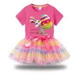 Girl Two Pieces Rainbow TuTu Happy Easter Egg Bunny Princess Bubble Skirt