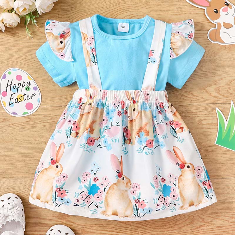 Baby Girls Easter Clothing 2 Pieces Blue T-shirts and Rabbit Flowers Prints Halter Dress Set