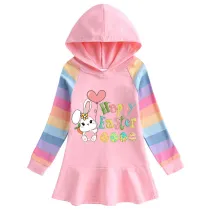 Girls Rainbow Happy Easter Bunny With Balloon Long And Short Sleeve Casual Skirt