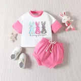 Baby Girls Happy Easter Two Pieces Bunny Season T-shirts and Shorts Set