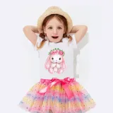 Girl Two Pieces Rainbow TuTu Happy Easter Bunny Flower Princess Bubble Skirt