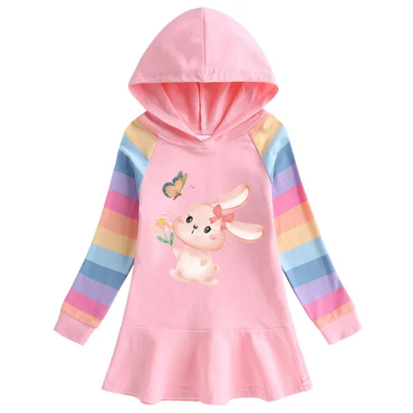 Girls Rainbow Happy Easter Bunny Flower Butterfly Long And Short Sleeve Casual Skirt