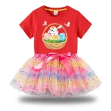 Girl Two Pieces Rainbow TuTu Happy Easter Basket Bunny Flower Butterfly Princess Bubble Skirt