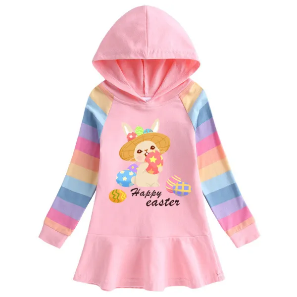 Girls Rainbow Happy Easter Egg Bunny Long And Short Sleeve Casual Skirt