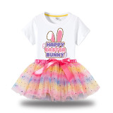 Girl Two Pieces Rainbow TuTu Happy Easter Bunny Slogan Princess Bubble Skirt