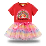 Girl Two Pieces Rainbow TuTu Happy Easter Rainbow Bunny Princess Bubble Skirt