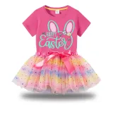 Girl Two Pieces Rainbow TuTu Happy Easter Bunny Ears Princess Bubble Skirt