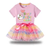 Girl Two Pieces Rainbow TuTu Happy Easter Bunny With Balloon Princess Bubble Skirt