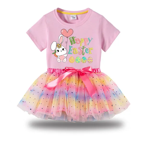 Girl Two Pieces Rainbow TuTu Happy Easter Bunny With Balloon Princess Bubble Skirt