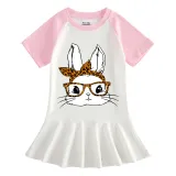 Girls Rainbow Happy Easter Bunny With Glasses Long And Short Sleeve Casual Skirt