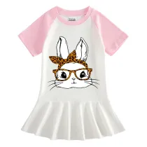 Girls Rainbow Happy Easter Bunny With Glasses Long And Short Sleeve Casual Skirt