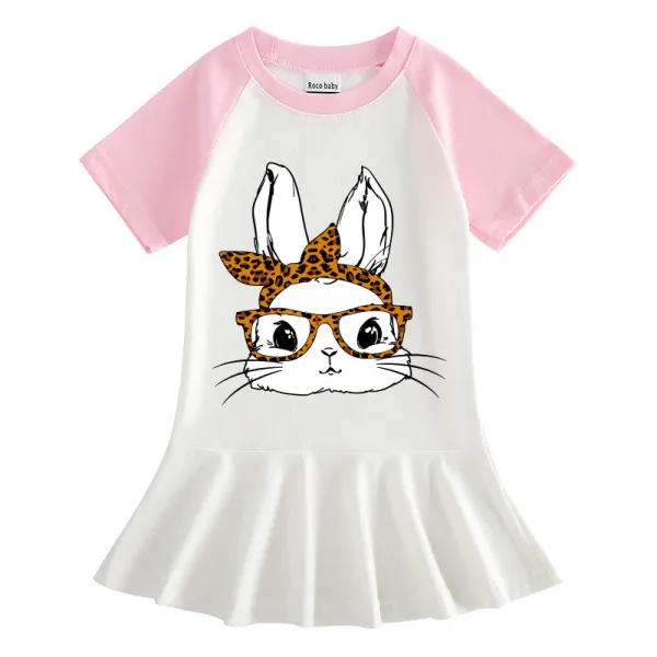 Girls Rainbow Happy Easter Bunny With Glasses Long And Short Sleeve Casual Skirt