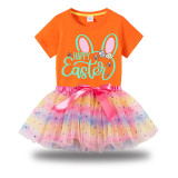 Girl Two Pieces Rainbow TuTu Happy Easter Bunny Ears Princess Bubble Skirt