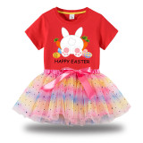Girl Two Pieces Rainbow TuTu Happy Easter Carrot Egg Bunny Princess Bubble Skirt