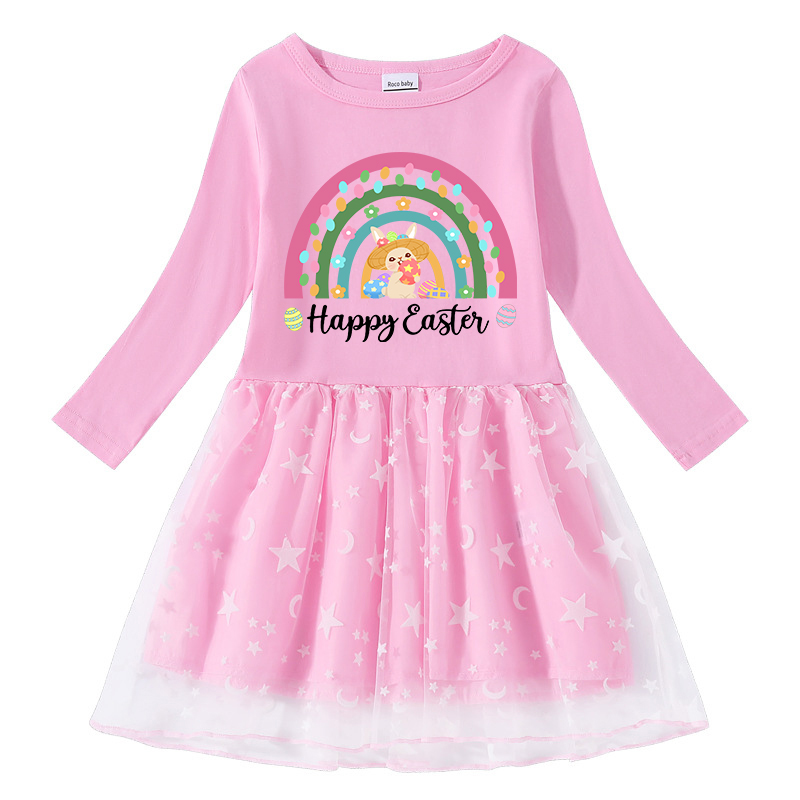 Girls Yarn Skirt Happy Easter Rainbow Bunny Long And Short Sleeve Dress
