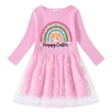 Girls Yarn Skirt Happy Easter Rainbow Bunny Long And Short Sleeve Dress