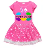 Girls Yarn Skirt Happy Easter Bunny Ears Eggs Slogan Long And Short Sleeve Dress