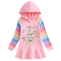 Girls Rainbow Happy Easter Bunny Wreath Long And Short Sleeve Casual Skirt
