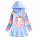 Girls Rainbow Happy Easter Bunny Flower Long And Short Sleeve Casual Skirt