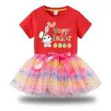 Girl Two Pieces Rainbow TuTu Happy Easter Bunny With Balloon Princess Bubble Skirt