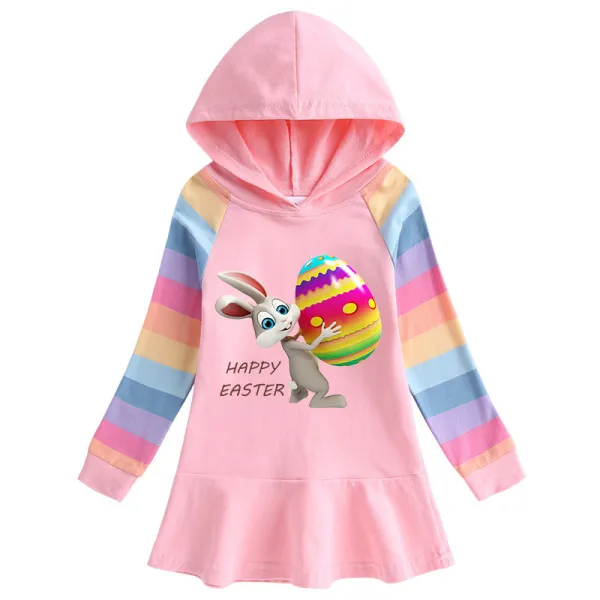 Girls Rainbow Happy Easter Egg Bunny Long And Short Sleeve Casual Skirt