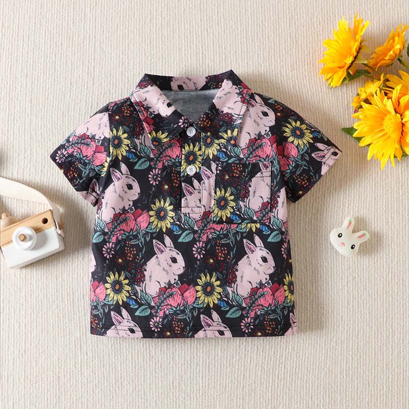 Baby Boys Happy Easter Rabbit Flower Short Sleeve Casual Shirts